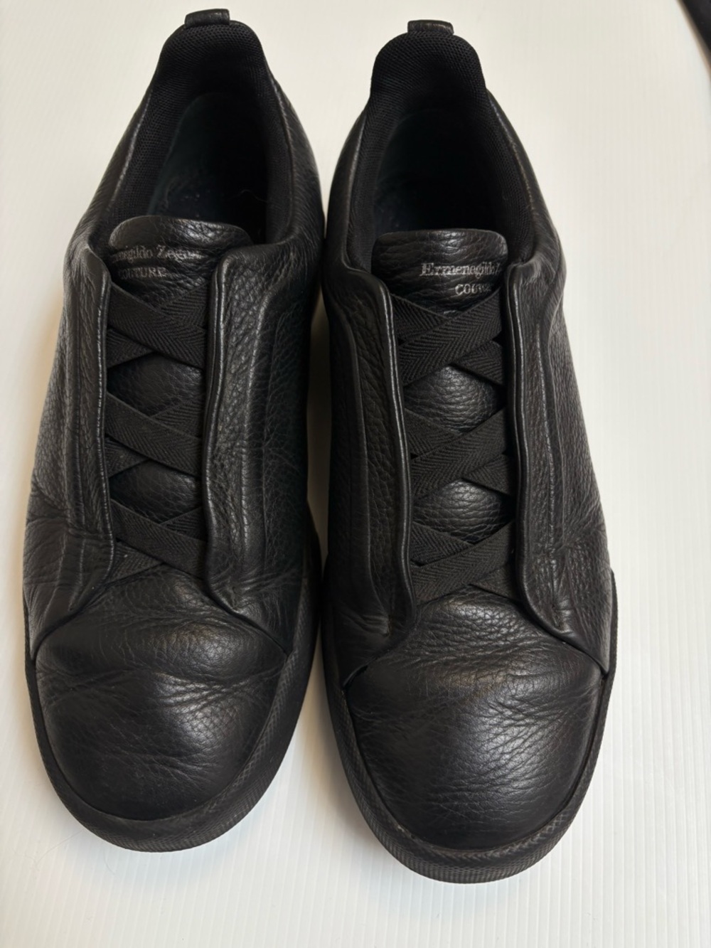 🇮🇹Ermenegildo Zegna Black Leather Slip-On Sneakers triple stitch Sneaker Luxury